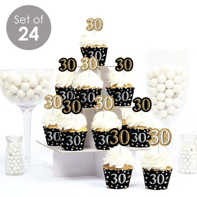 Adult 30th Birthday - Gold - Cupcake Decorations - Birthday Party Cupcake Wrappers and Treat Picks Kit - Set of 24