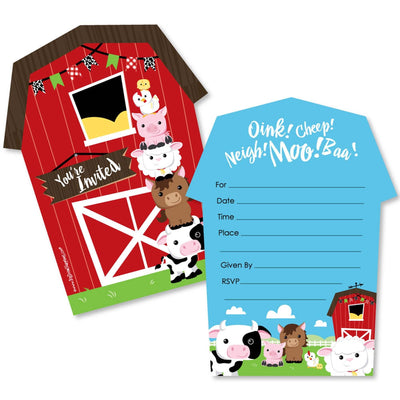 Farm Animals - Shaped Fill-In Invitations - Barnyard Baby Shower or Birthday Party Invitation Cards with Envelopes - Set of 12