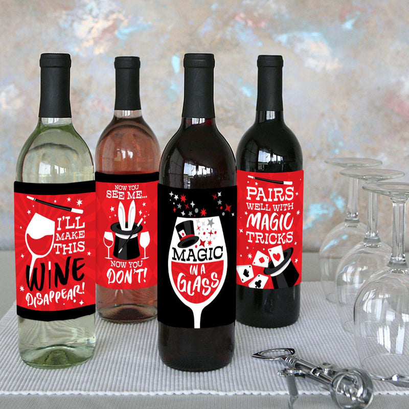 Ta-Da, Magic Show - Magical Birthday Party Decorations for Women and Men - Wine Bottle Label Stickers - Set of 4