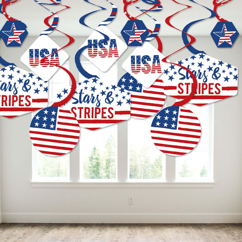 Stars & Stripes - Memorial Day, 4th of July and Labor Day USA Patriotic Party Hanging Decor - Party Decoration Swirls - Set of 40