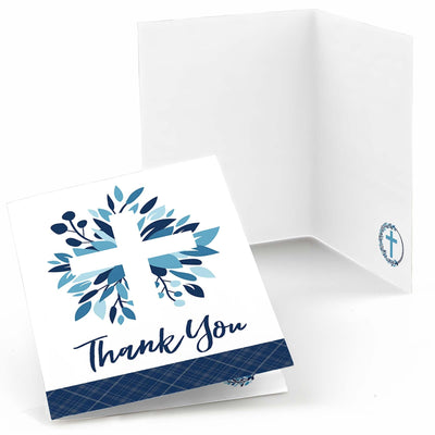 Blue Elegant Cross - Boy Religious Party Thank You Cards - 8 ct