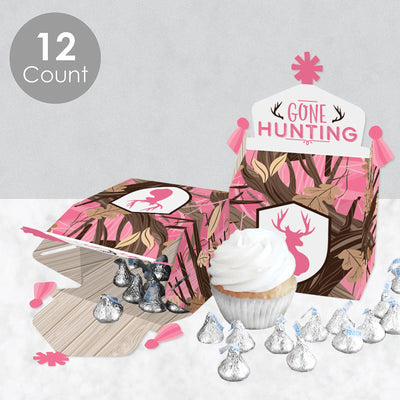 Pink Gone Hunting - Treat Box Party Favors - Deer Hunting Girl Camo Baby Shower or Birthday Party Goodie Gable Boxes - Set of 12