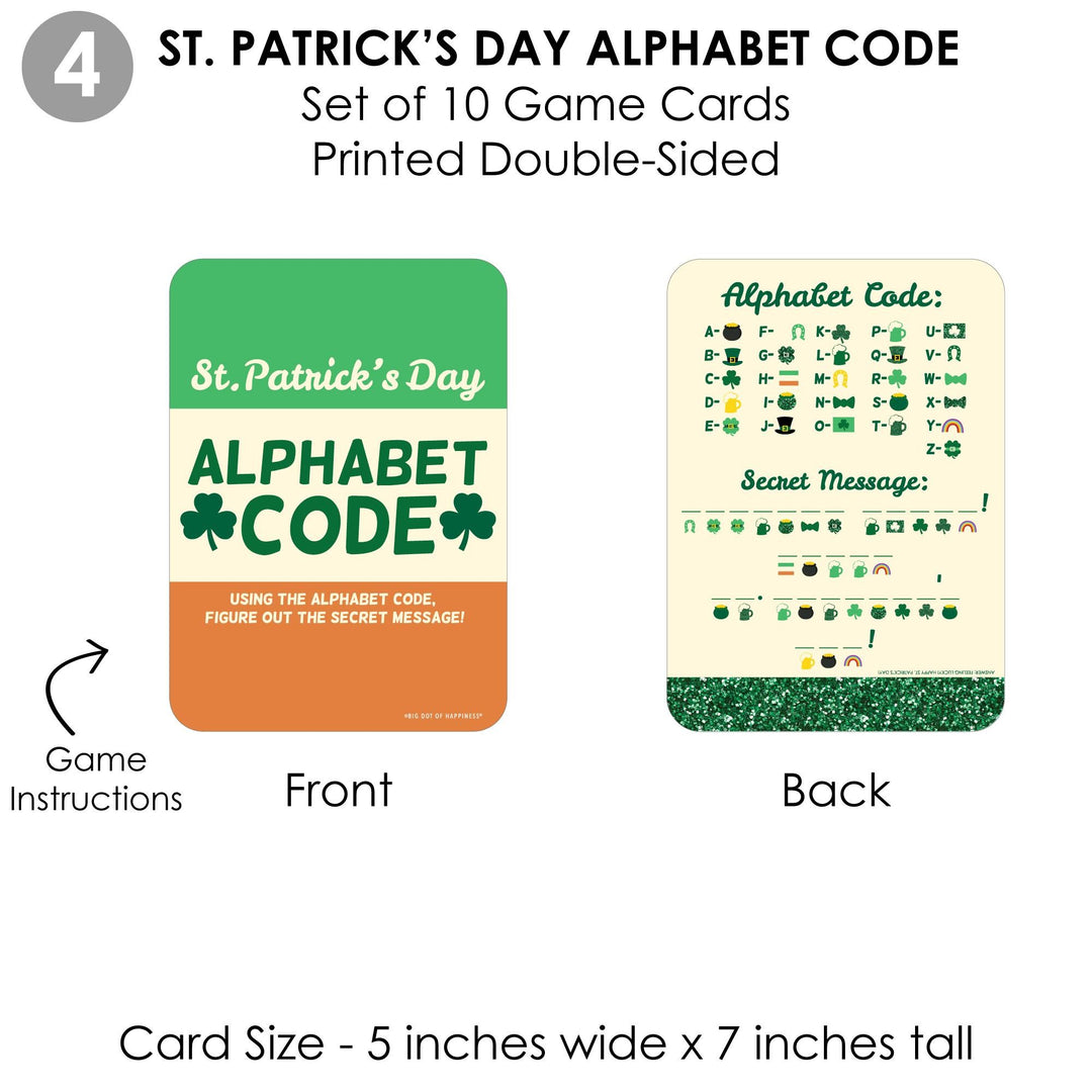 St. Patrick's Day - 4 Saint Patty's Day Party Games - 10 Cards Each - Photo Scavenger Hunt, What's Your Leprechaun Name, A-Z, Alphabet Code - Gamerific Bundle