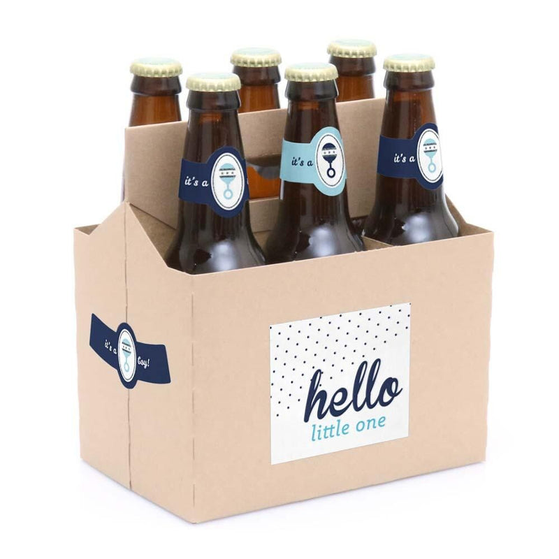 Hello Little One - Blue and Silver - Six Beer Bottle Label Stickers and 1 Carrier - Boy Baby Gift
