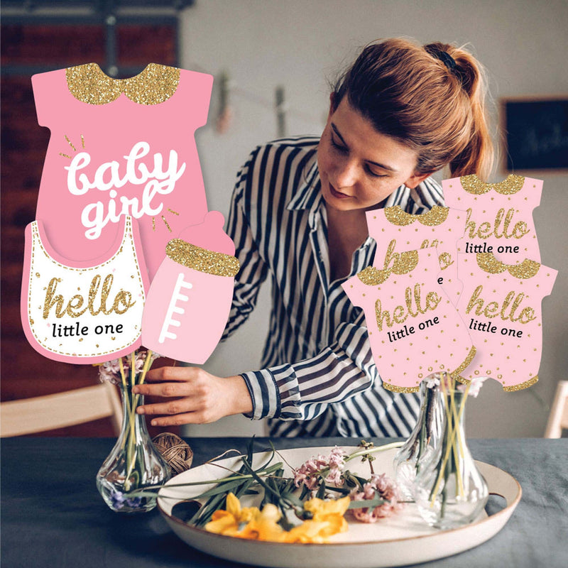 Hello Little One - Pink and Gold - Girl Baby Shower Party Centerpiece Sticks - Showstopper Table Toppers - 35 Pieces