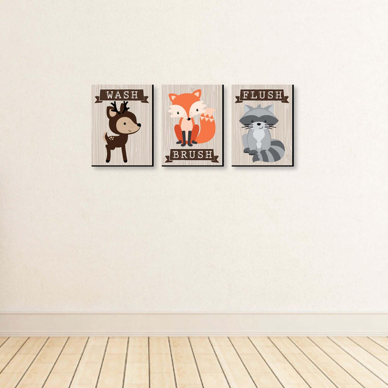 Woodland Creatures - Kids Bathroom Rules Wall Art - 7.5 x 10 inches - Set of 3 Signs - Wash, Brush, Flush