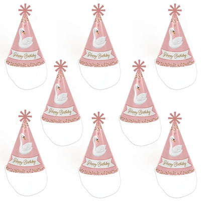 Swan Soiree - Cone Happy Birthday Party Hats for Kids and Adults - Set of 8 (Standard Size)