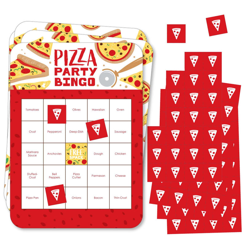 Pizza Party Time - Bingo Cards and Markers - Baby Shower or Birthday Party Bingo Game - Set of 18