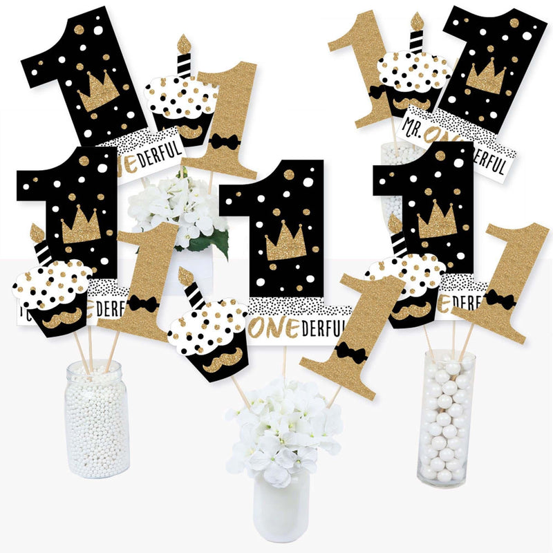 1st Birthday Little Mr. Onederful - Boy First Birthday Party Centerpiece Sticks - Table Toppers - Set of 15