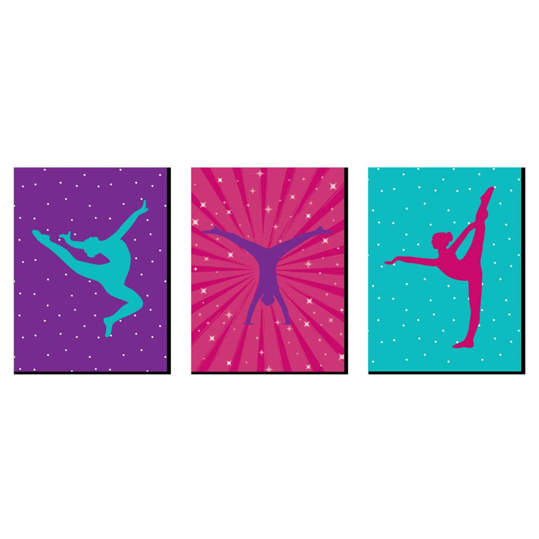 A set of three gymnastics-themed wall art prints displayed against a white background, featuring colorful backgrounds and silhouettes of gymnasts in motion.
