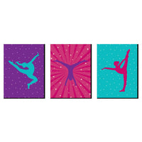 A set of three gymnastics-themed wall art prints displayed against a white background, featuring colorful backgrounds and silhouettes of gymnasts in motion.