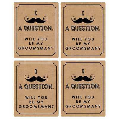 Kraft Mustache - Will You Be My Groomsman? - Gift for Men - Whiskey or Wine Bottle Label Stickers - Set of 4