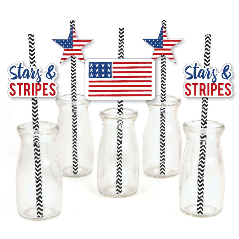 Stars & Stripes - Paper Straw Decor - Memorial Day, 4th of July and Labor Day USA Patriotic Party Striped Decorative Straws - Set of 24