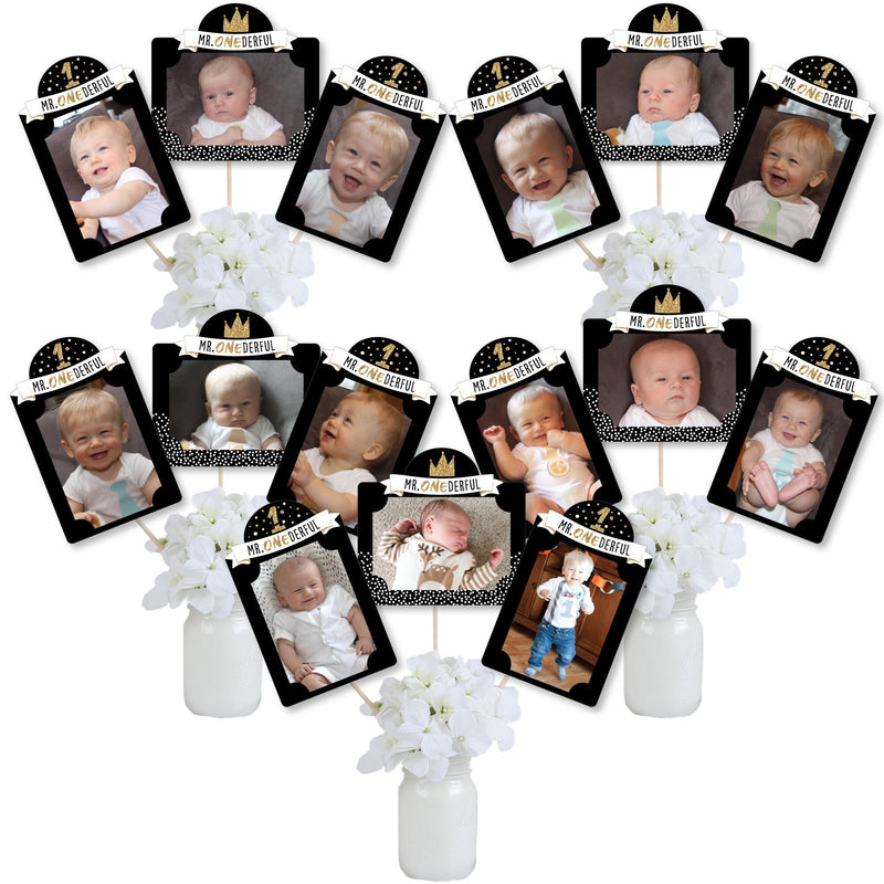 1st Birthday Little Mr. Onederful - Boy First Birthday Party Picture Centerpiece Sticks - Photo Table Toppers - 15 Pieces
