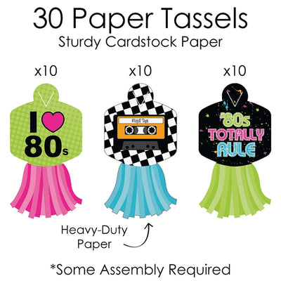 80's Retro - 90 Chain Links and 30 Paper Tassels Decoration Kit - Totally 1980s Party Paper Chains Garland - 21 feet