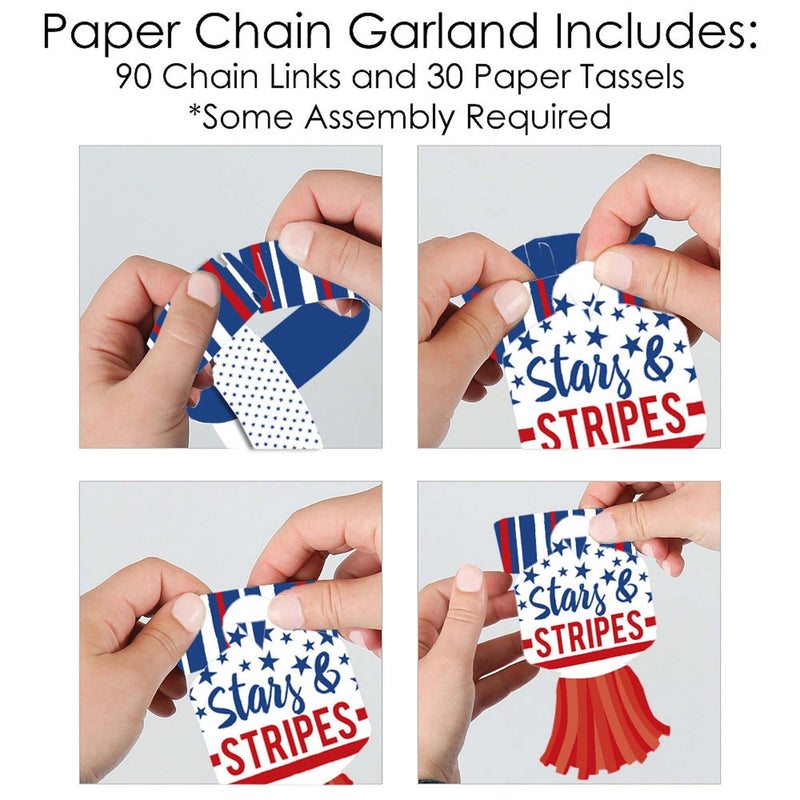Stars & Stripes - 90 Chain Links and 30 Paper Tassels Decoration Kit - Memorial Day, 4th of July and Labor Day USA Patriotic Party Paper Chains Garland - 21 feet
