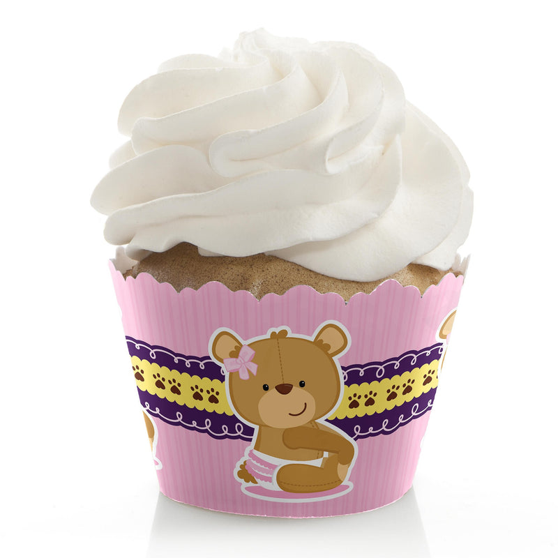 Baby Girl Teddy Bear - Baby Shower Decorations - Party Cupcake Wrappers - Set of 12