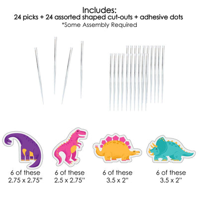 Roar Dinosaur Girl - Dessert Cupcake Toppers - Dino Mite T-Rex Baby Shower or Birthday Party Clear Treat Picks - Set of 24