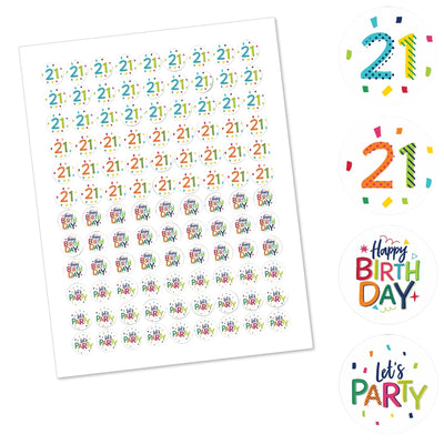 21st Birthday - Cheerful Happy Birthday - Round Candy Labels Colorful Twenty-First Birthday Party Favors - Fits Hershey's Kisses - 108 ct