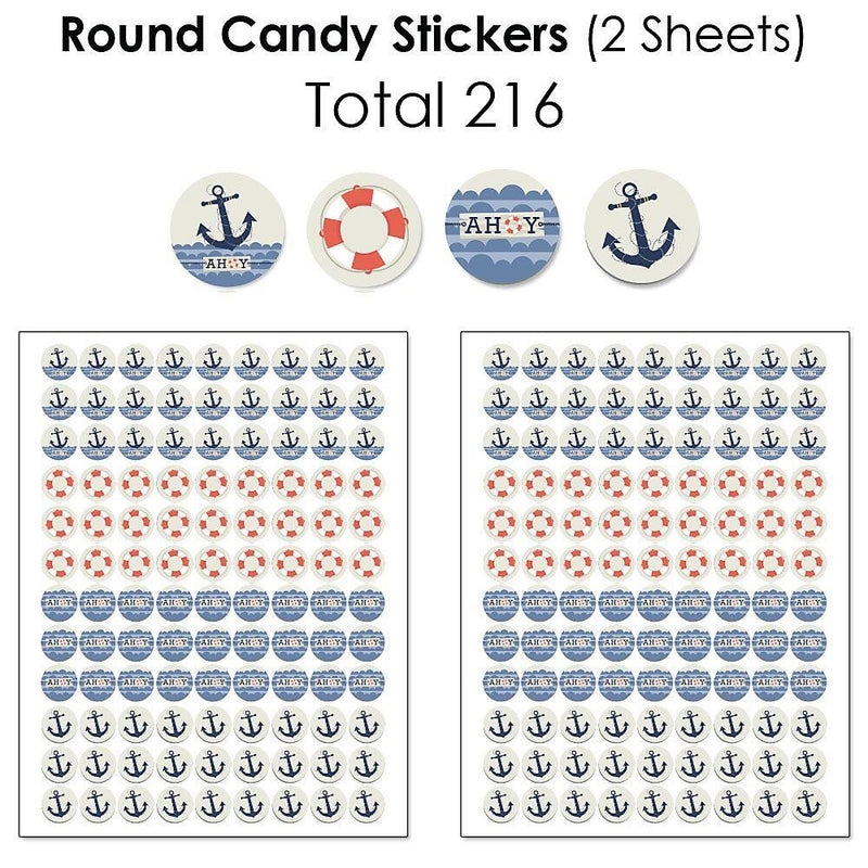 Ahoy - Nautical - Mini Candy Bar Wrappers, Round Candy Stickers and Circle Stickers - Baby Shower or Birthday Party Candy Favor Sticker Kit - 304 Pieces