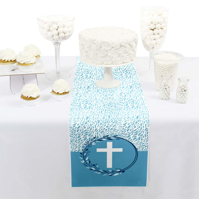 Blue Elegant Cross - Petite Boy Religious Party Paper Table Runner - 12" x 60"
