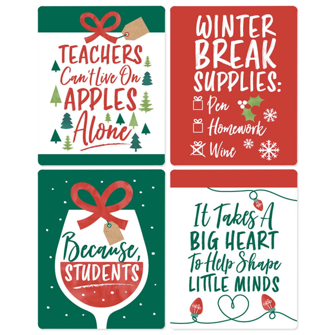 Teacher Holiday Presents - Teacher Appreciation Christmas Gifts Decorations for Women and Men - Wine Bottle Label Stickers - Set of 4