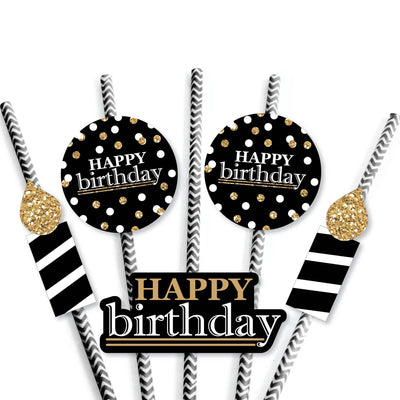 Adult Happy Birthday - Gold - Paper Straw Decor - Birthday Party Striped Decorative Straws - Set of 24