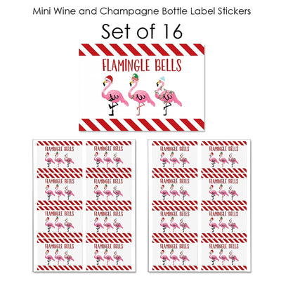 Flamingle Bells - Mini Wine and Champagne Bottle Label Stickers - Tropical Christmas Party Favor Gift - For Women and Men - Set of 16