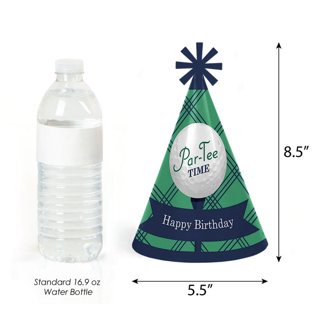 Par-Tee Time - Golf - Cone Happy Birthday Party Hats for Kids and Adults - Set of 8 (Standard Size)