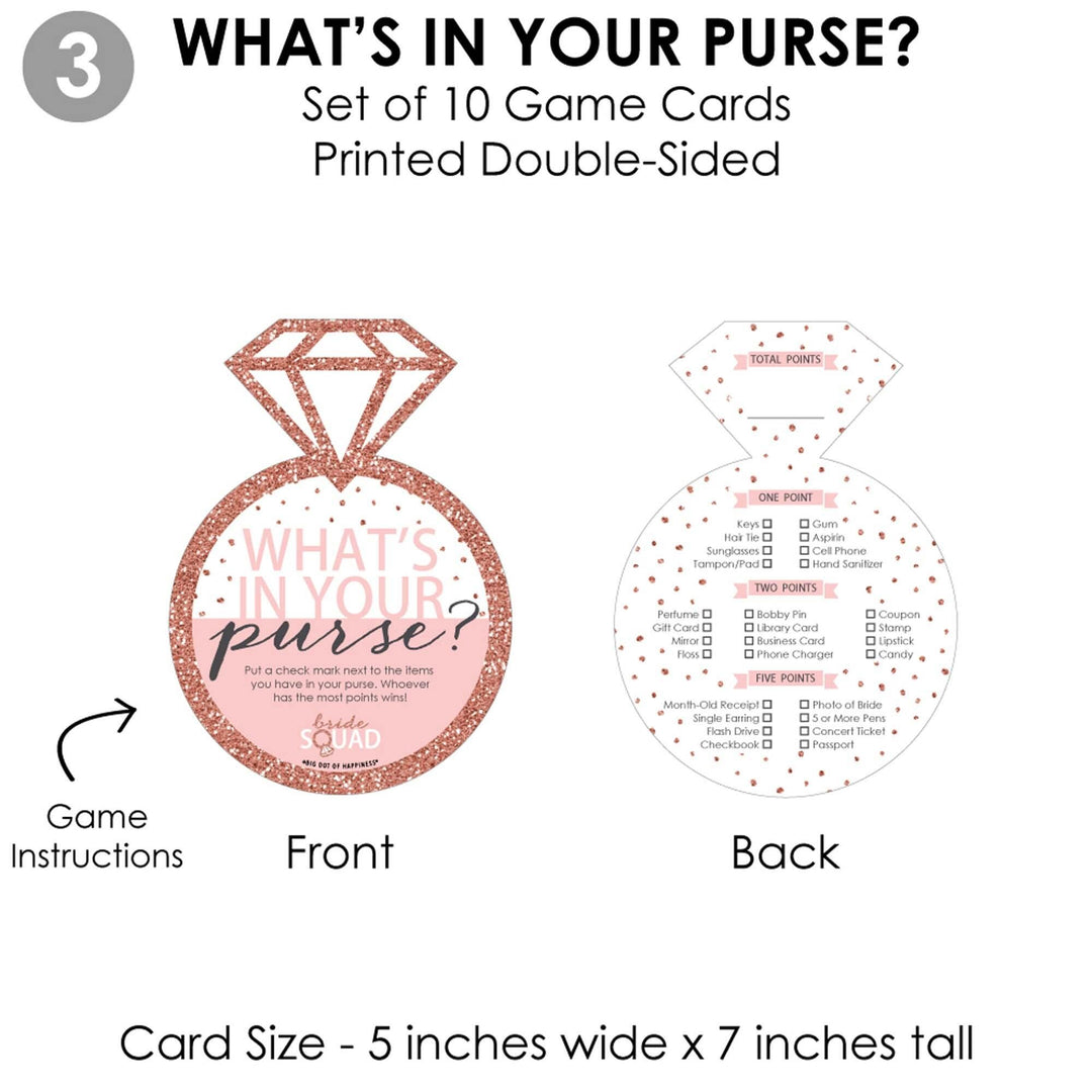 Bride Squad - 4 Rose Gold Bridal Shower or Bachelorette Party Games - 10 Cards Each - Who Knows The Bride Best, Bride or Groom Quiz, What's in Your Purse and Love - Gamerific Bundle