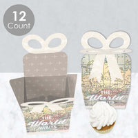 World Awaits - Square Favor Gift Boxes - Travel Themed Party Bow Boxes - Set of 12
