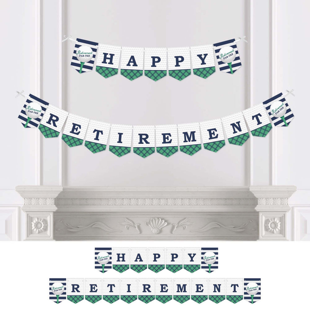 A bunting banner with the words 'HAPPY RETIREMENT' written in capital letters, with a golf ball and tee design, displayed across a mantelpiece.