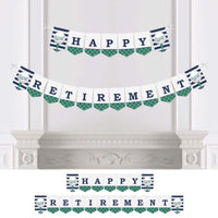 A bunting banner with the words 'HAPPY RETIREMENT' written in capital letters, with a golf ball and tee design, displayed across a mantelpiece.