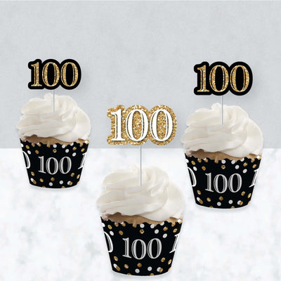 Adult 100th Birthday - Gold - Cupcake Decoration - Birthday Party Cupcake Wrappers and Treat Picks Kit - Set of 24