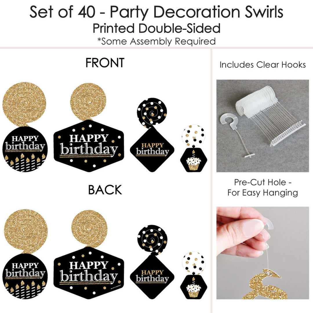 Adult Happy Birthday - Gold - Birthday Party Hanging Decor - Party Decoration Swirls - Set of 40