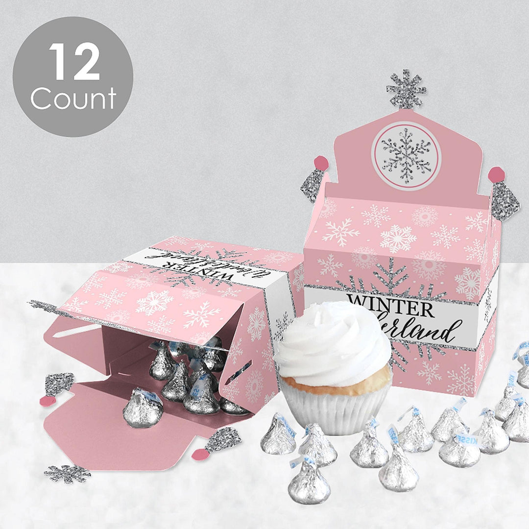 Pink Winter Wonderland - Treat Box Party Favors - Holiday Snowflake Birthday Party and Baby Shower Goodie Gable Boxes - Set of 12