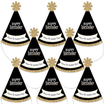 Adult Happy Birthday - Gold - Mini Cone Birthday Party Hats - Small Little Party Hats - Set of 8