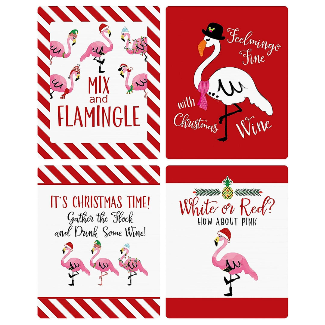 Flamingle Bells - Tropical Flamingo Christmas Decorations for Women and Men - Wine Bottle Label Stickers - Set of 4
