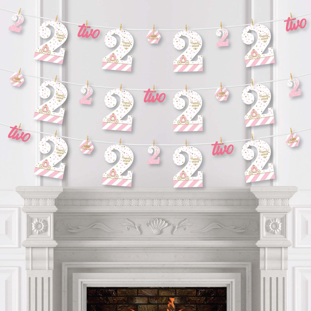 2nd Birthday Little Princess Crown - Pink and Gold Princess Second Birthday Party DIY Decorations - Clothespin Garland Banner - 44 Pieces