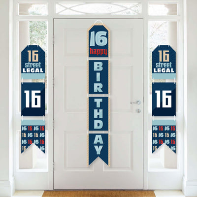 Boy 16th Birthday - Hanging Vertical Paper Door Banners - Sweet Sixteen Birthday Party Wall Decoration Kit - Indoor Door Decor