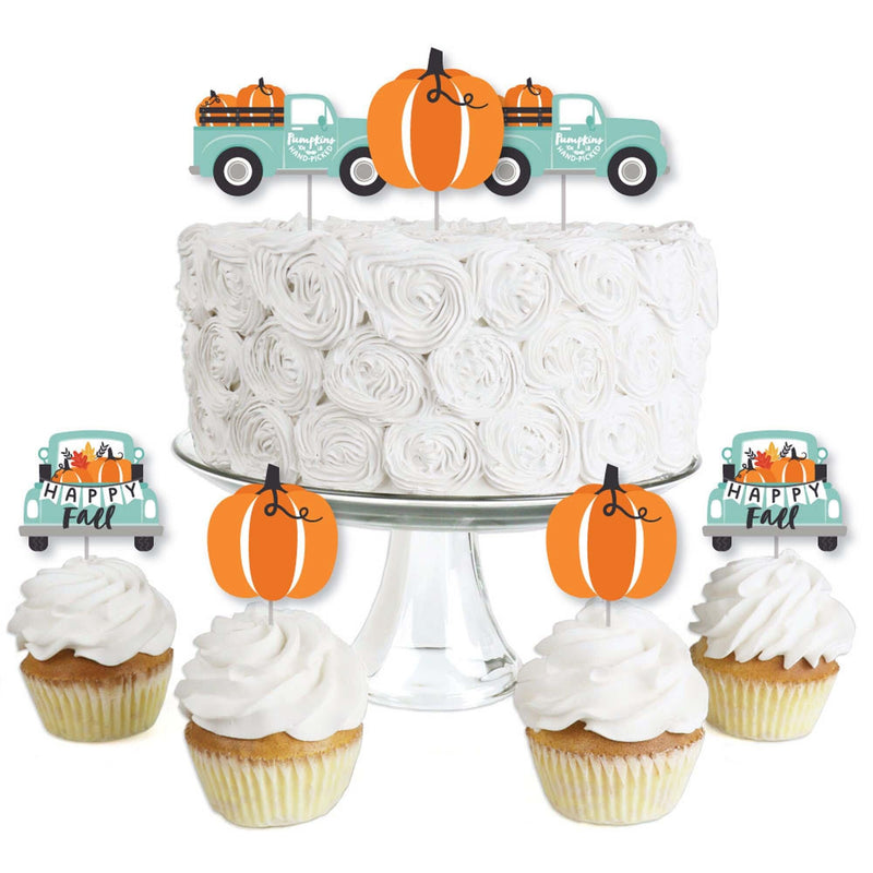 Happy Fall Truck - Dessert Cupcake Toppers - Harvest Pumpkin Party Clear Treat Picks - Set of 24
