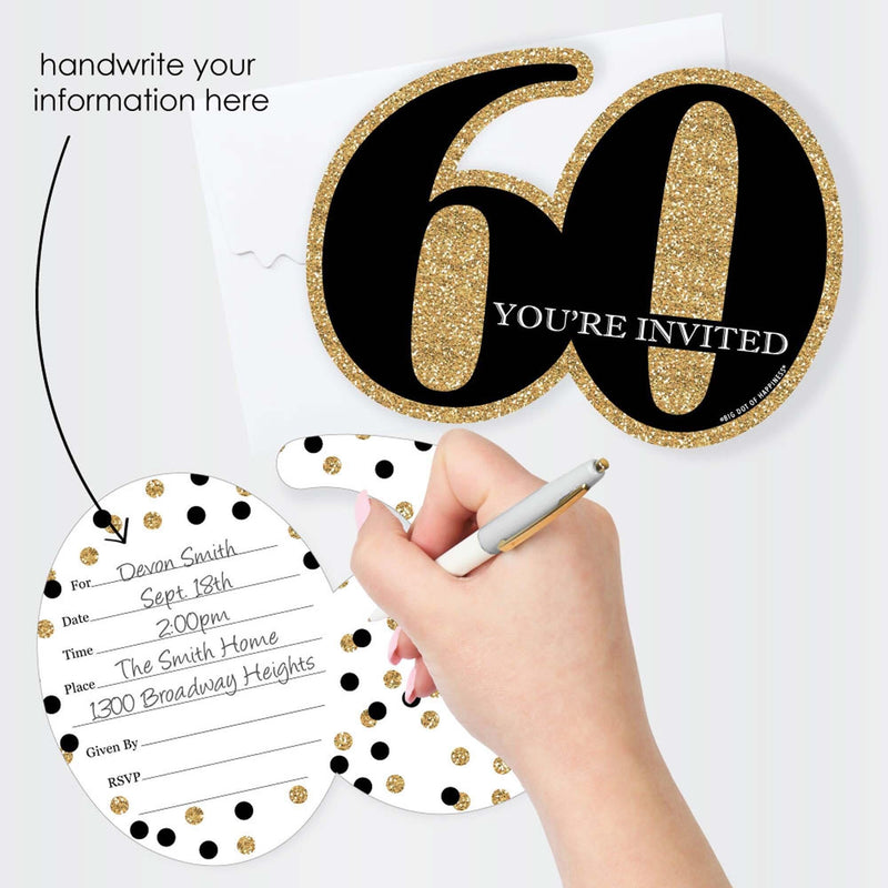 Adult 60th Birthday - Gold - Shaped Fill-In Invitations - Birthday Party Invitation Cards with Envelopes - Set of 12