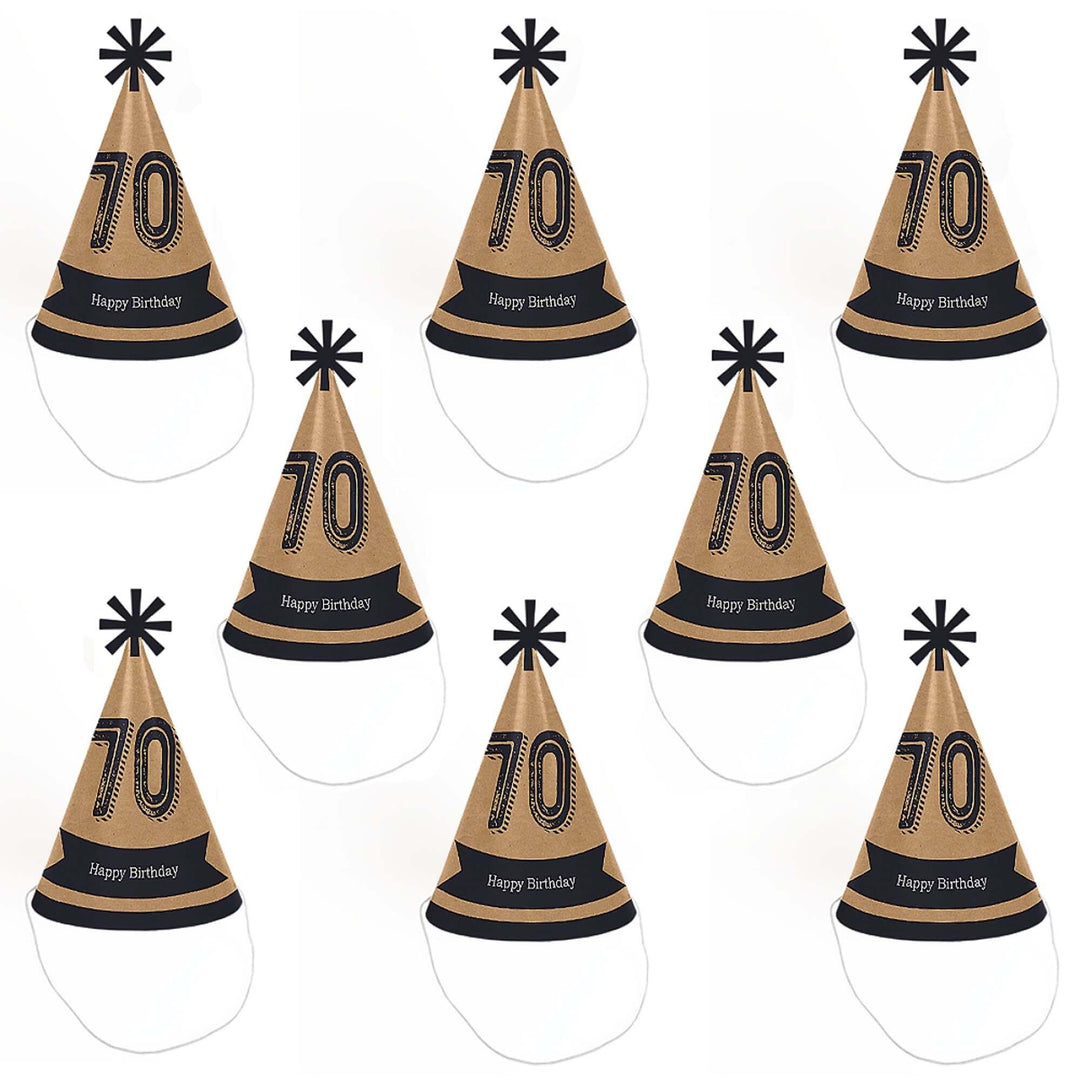 70th Milestone Birthday - Cone Happy Birthday Party Hats for Adults - Set of 8 (Standard Size)