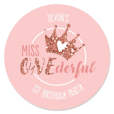 1st Birthday Little Miss Onederful - Personalized Girl First Birthday Party Circle Sticker Labels - 24 Count