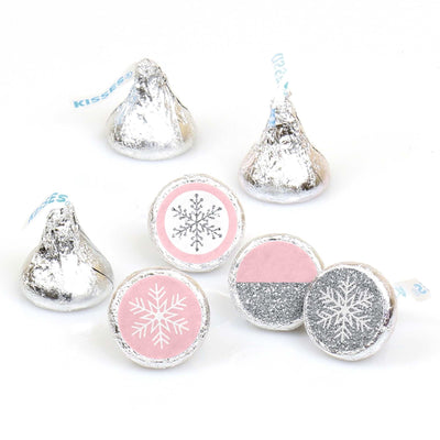 Pink Winter Wonderland - Round Candy Labels Holiday Snowflake Birthday Party and Baby Shower Favors - Fits Hershey Kisses - 108 ct
