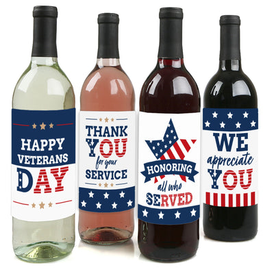 Happy Veterans Day - Patriotic Decorations for Women and Men - Wine Bottle Label Stickers - Set of 4