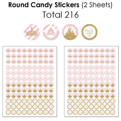 Little Princess Crown - Mini Candy Bar Wrappers, Round Candy Stickers and Circle Stickers - Pink and Gold Princess Baby Shower or Birthday Party Candy Favor Sticker Kit - 304 Pieces