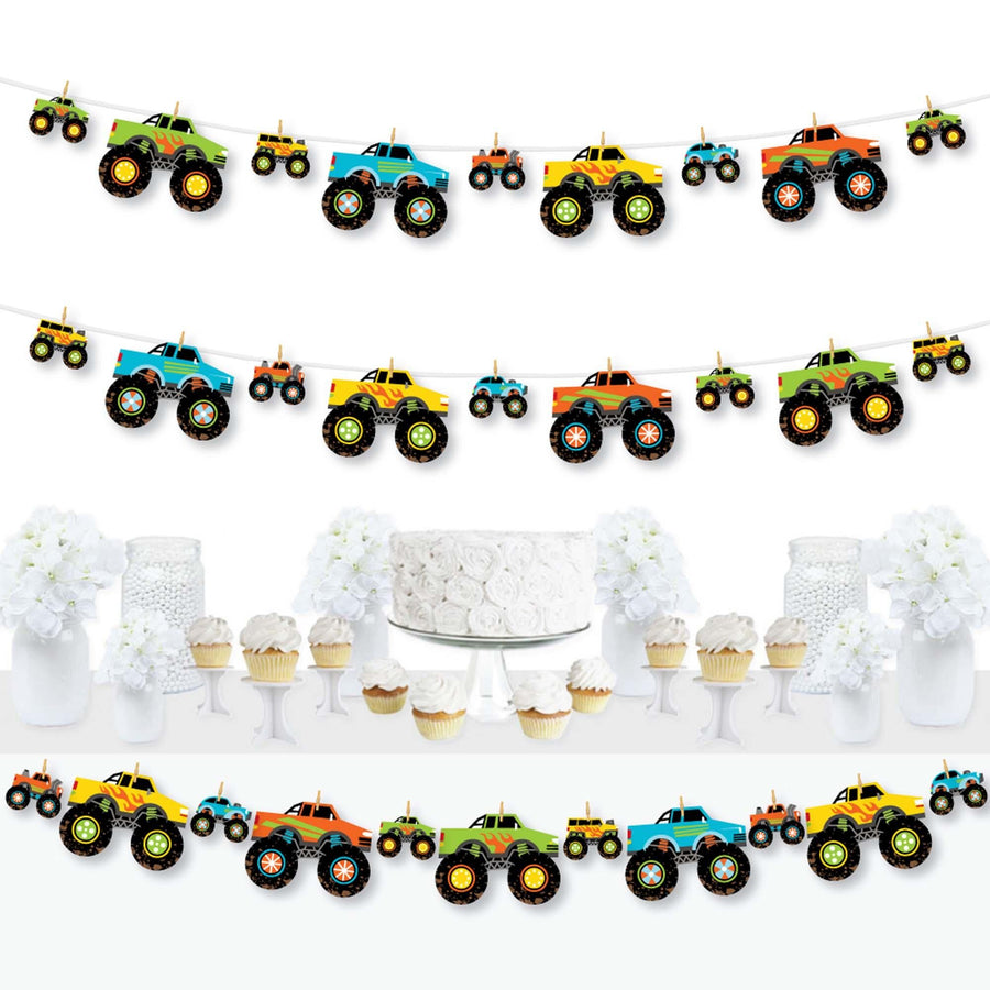 A set of colorful monster truck-shaped cut-outs and mini clothespins arranged to create a garland banner, displayed in a series of three images showing the garland in different setups for a party decoration.