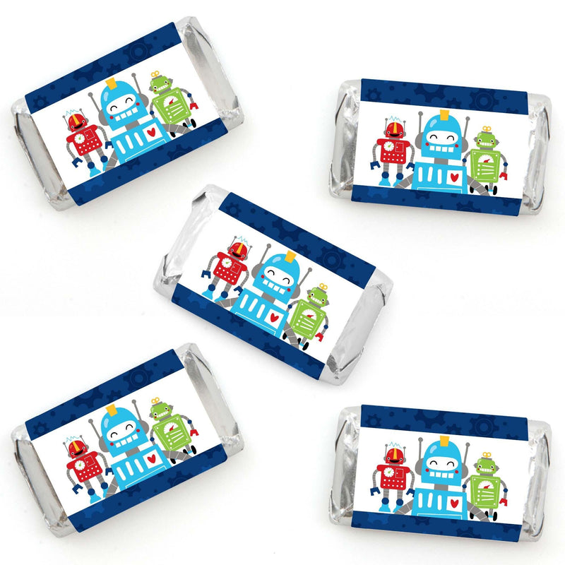 Gear Up Robots - Mini Candy Bar Wrapper Stickers - Birthday Party or Baby Shower Small Favors - 40 Count