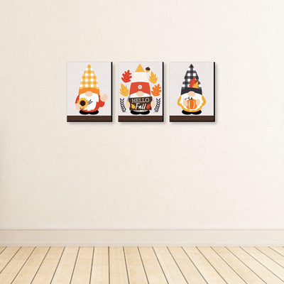 Fall Gnomes - Autumn Leaf Wall Art and Pumpkin Room Decor - 7.5 x 10 inches - Set of 3 Prints